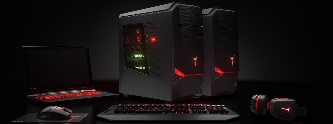 Home Page background - Two Lenovo Gaming Computers along with a laptop and a headset - Desktop version