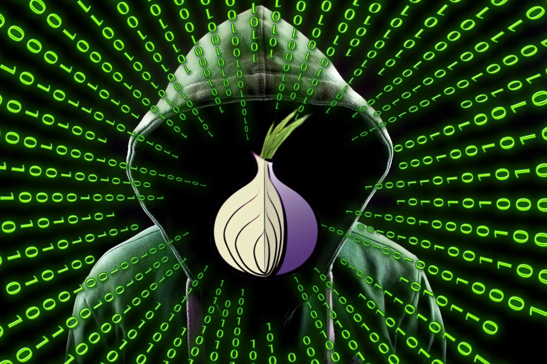 A hooded figure with binary background and the tor logo in the place of the face